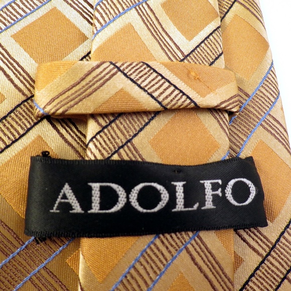 ADOLFO Mens 100% Silk Neck Tie Yellow Gold Blue - Picture 7 of 7